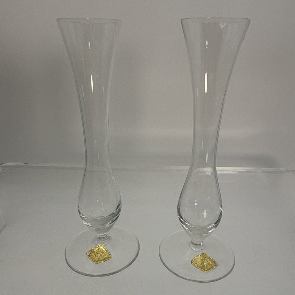 Clear 6" pair of Gorgeous“Salzburger Cristallglas" Bud Vases With Labels
